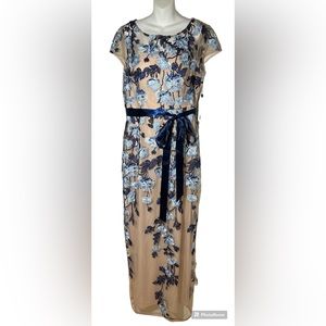 Adrianna PAPELL Cascading Floral Column Gown Embroidered Midnight Nude Plus 16